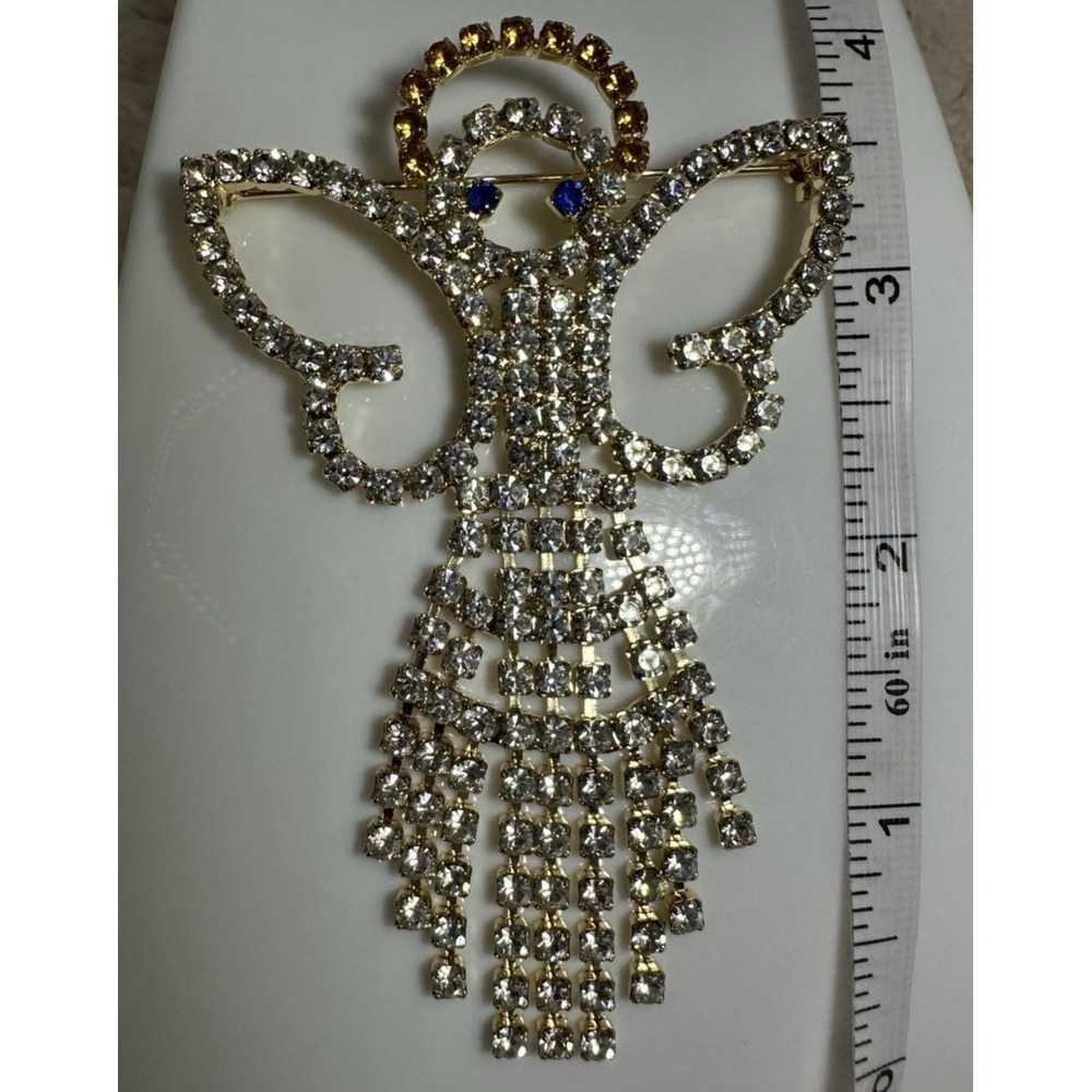 Vintage Angel Christmas Brooch Dangles Blue Eyes Rhinestone 4" X 2.5" Gold Tone